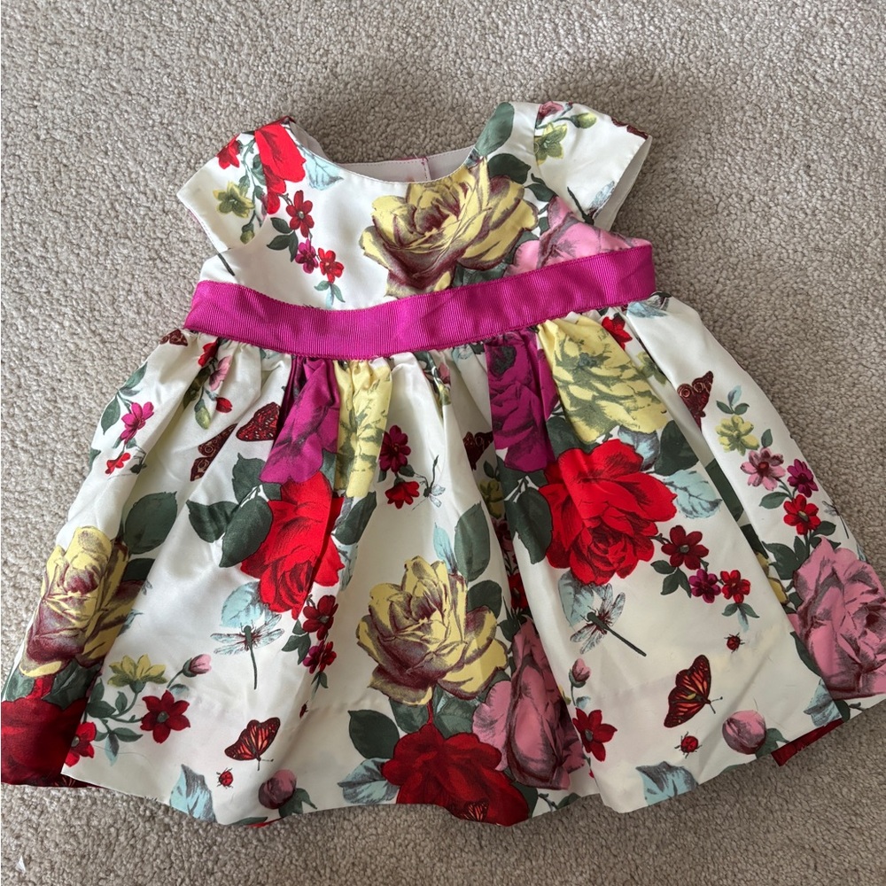 Floral Baby Dress with Pink Ribbon Accent